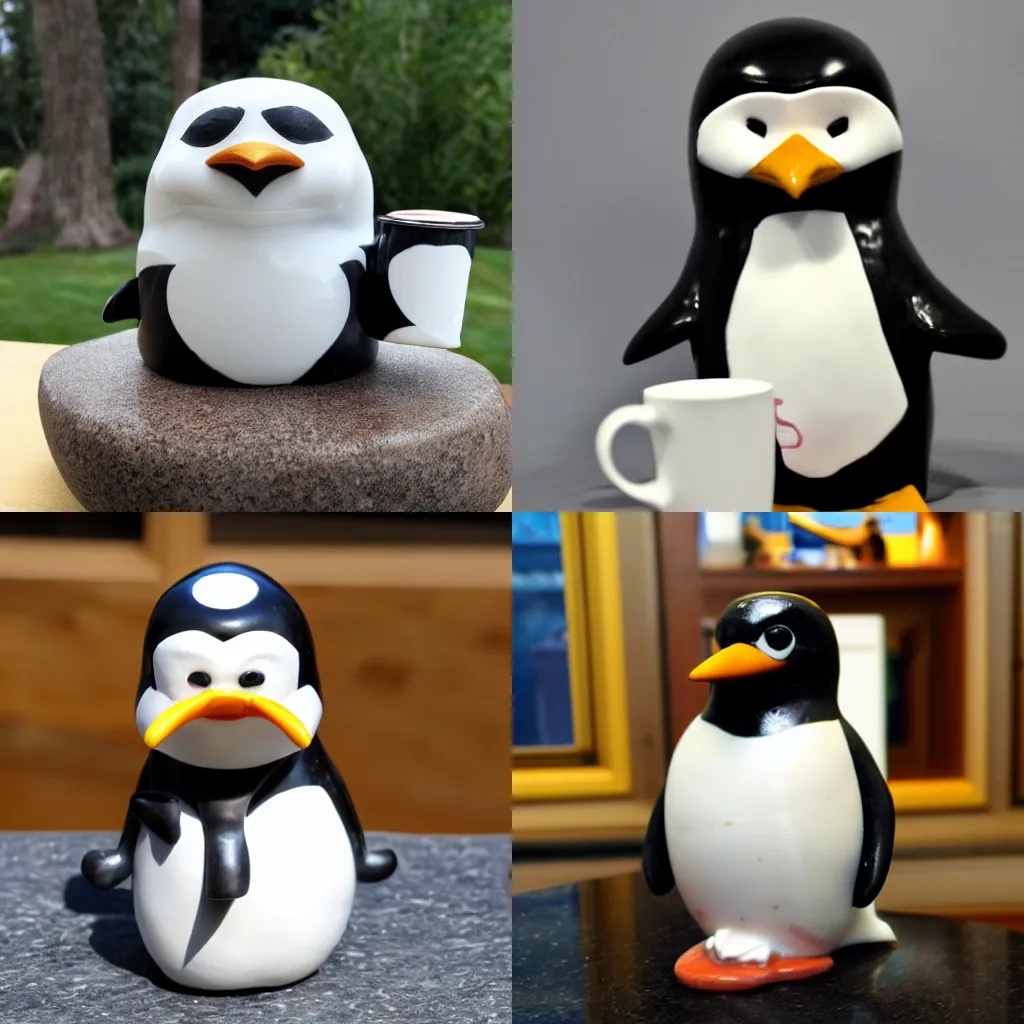 Prompt: marble sculpture of tux the linux penguin mascot holding a cup of coffee