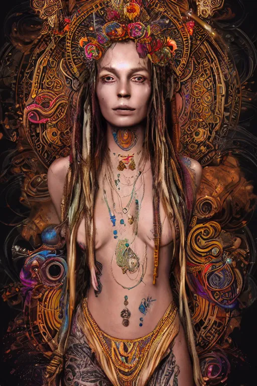 Image similar to a centered render of an mytical festival hippy with tribal tattoos wearing intricate metallic clothing surrounded by a underwater ink pour and flowing liquid gallium and sacred geometry, perfect body and face, gorgeous, cinematic, beautifully lit, by alberto seveso, by karol bak, by donato giancola, 3 d, trending on artstation, octane render, 8 k