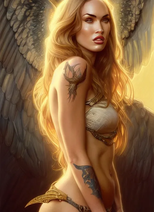 Prompt: portrait of megan fox as an sultry blonde angel, wings, bible, intricate, headshot, highly detailed, digital painting, artstation, concept art, sharp focus, cinematic lighting, illustration, art by artgerm and greg rutkowski, alphonse mucha, cgsociety
