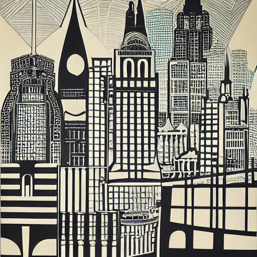 Image similar to by robert stivers, by faith ringgold curvaceous. a beautiful print of a cityscape with tall spires & delicate bridges.