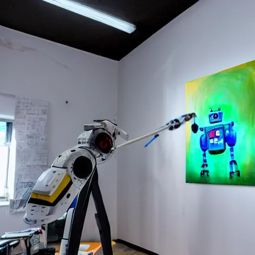 Image similar to a photograph of robot painting a picture, it looks at the camera, paint everywhere on the walls