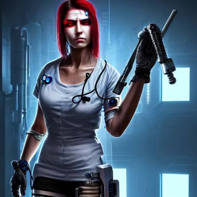 Prompt: cyberpunk nurse warrior, highly detailed, 4 k, hdr, smooth, sharp focus, high resolution, award - winning photo, anne stokes, photorealistic