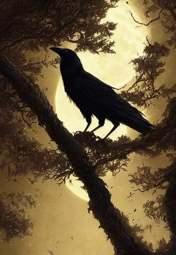 Image similar to crow on tree in front of the full big moon, highly detailed, digital painting, artstation, concept art, smooth, sharp focus, illustration, Unreal Engine 5, 8K, art by artgerm and greg rutkowski and alphonse mucha