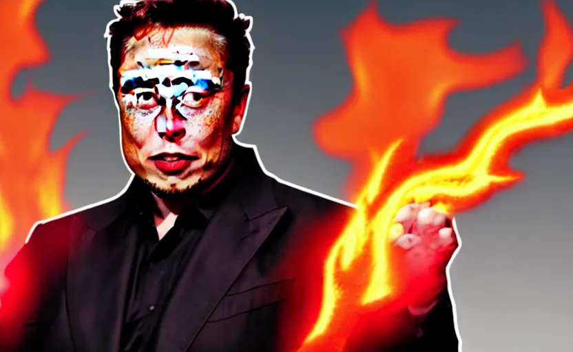 Image similar to elon musk, demon, demon king, fire, lava, banana