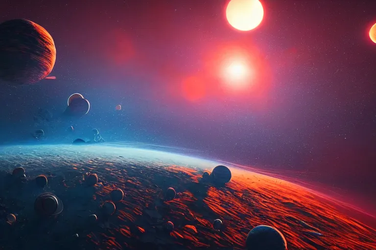 Image similar to beautiful sci fi space landscape with perfectly spherical planets, concept art trending on artstation, blue and orange, volumetric lighting, 8k