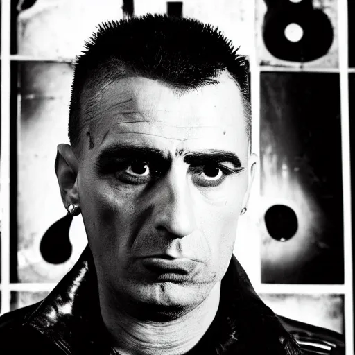 Image similar to punk rock, travis bickle has a mohawk, on a checkered floor, studio portrait