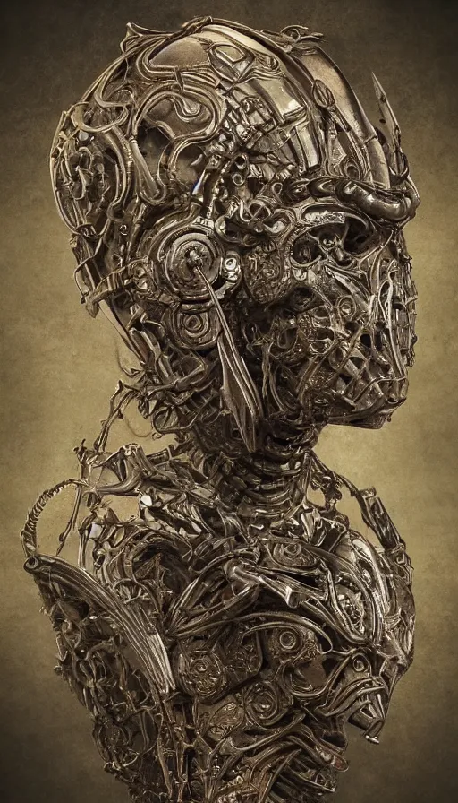 Image similar to ancient biomechanical hybrid slavic thunder god armored head fantasy human angel face mask tattoo pattern concept, glagolitic glyph, intricate artwork by, Johnatan Wayshak, Zdizslaw Beksinski, Artgerm, H.R. Giger, very coherent artwork, cinematic, hyper realism, high detail, octane render, unreal engine, 8k, High contrast, higly detailed black ink outline, crosshatch sketch gradient