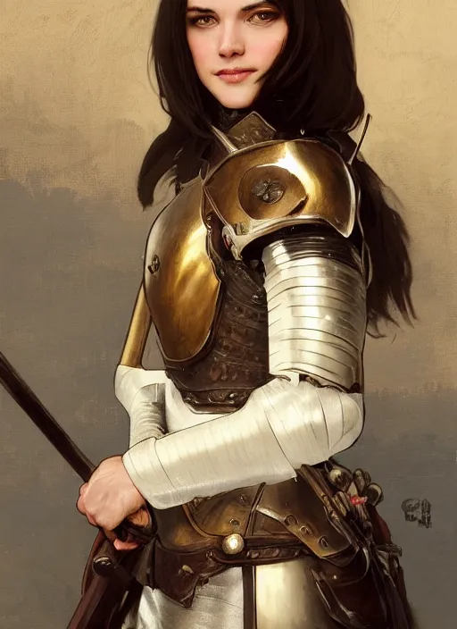 Image similar to medium-length portrait of a female knight with short dark hair and brown eyes, dark skin, happy expression, wears a combination of plate armor and boiled leather, medieval setting, highly detailed, digital painting, artstation, concept art, sharp focus, illustration, art by greg rutkowski and alphonse mucha