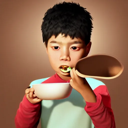 Prompt: a photorealistc digital art of a young asian boy eating noodles, award winning photography, trending on artstation