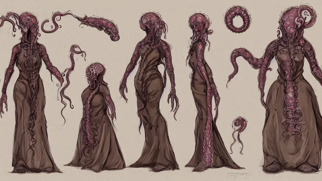 Prompt: aged paper, concept art, colorful character sheet for a stocky alien extraterrestrial female servant maid with thick snake - like tentacles instead of hair, long dress with apron, retrofuture, valerian, moebius, coherent, illustration, digital art, trending on artstation, hd, 8 k, good lighting, beautiful, rough paper, masterpiece