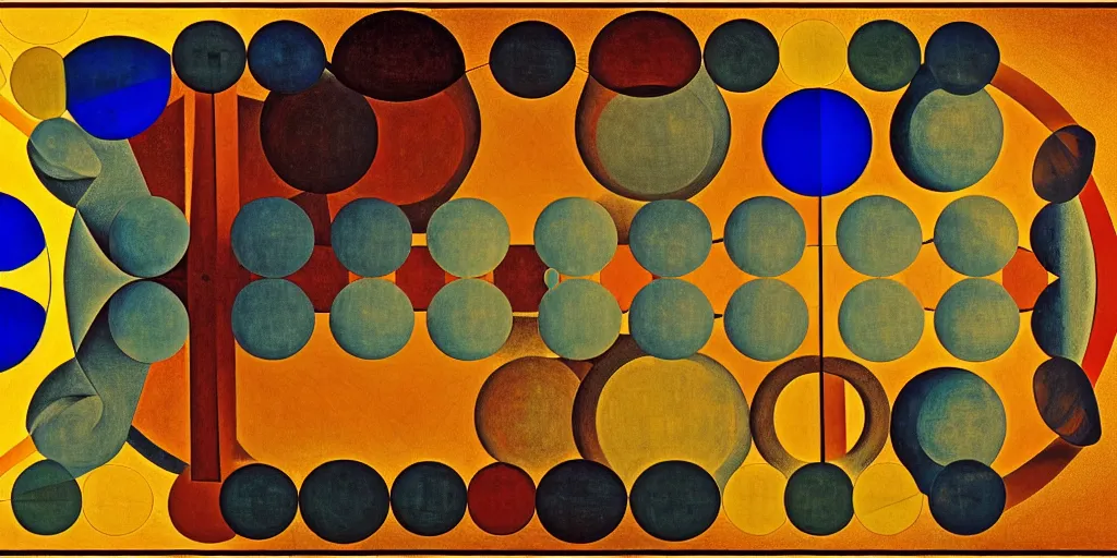 Image similar to very old and very detailed great canvas with wonderful gradient from warm to cold tones, multilayer last supper johannes itten and hiroshi nagai colors,, pattern of escher style 3 6 0 panorama with hieronymus bosch style bubbles, contrast of light and shadows, unfinished,, digital 4 k, super resolution