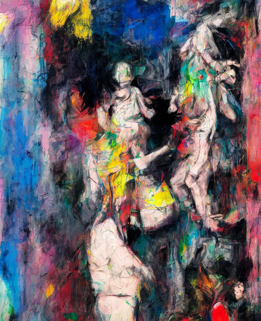 Image similar to photo of a cyborg woman and a child crying in a fridge painted by Adrian Ghenie and Willem de Kooning and Cy Twombly, highly detailed, high resolution, pixelated, datamoshed, pixel sorted, corrupted image