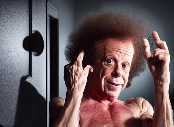 Image similar to a scene from a 2 0 2 2 s black phone, richard simmons is in spandex ringing a doorbell, grindhouse, folk horror, hauntology, 8 k, 8 5 mm f 1. 8, studio lighting, rim light, right side key light