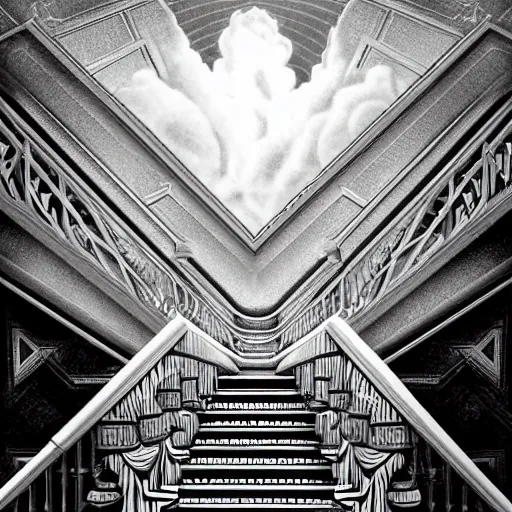 Image similar to A black and white freemasonic chequered surrealist digital painting of a stairway to into the clouds in the art style of jeff koons, Gilbert williams, Edwin Frederic Church and Christopher Balaskas, trending on artstation, 4k UHD