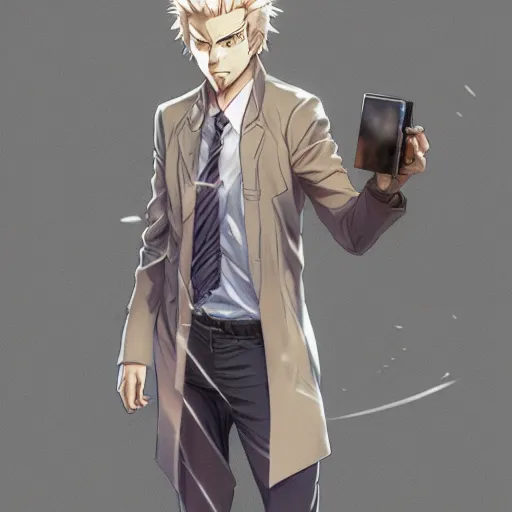 Prompt: John Constantine as an anime character, anime, full body, visualartzi, concept art by Karla Ortiz, James Paick, Charlie Bowater, Krenz Cushart, highly detailed, ultra detailed, ultra realistic, trending on artstation, cgstudio