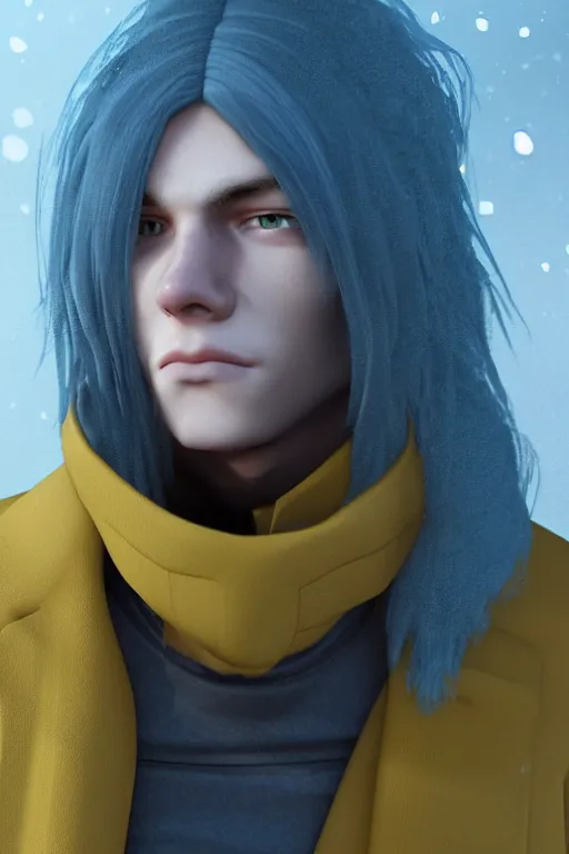 Image similar to a male teenager with long blue hair and yellow eyes wearing a winter overcoat, hyperrealistic, concept art, octane render, unreal engine 5, trending on artstation, high quality, 8 k, highly detailed, digital art, anatomically correct, symmetrical, realistic and defined face, profile picture, high coherence, path traced, beautiful, elegant clothes