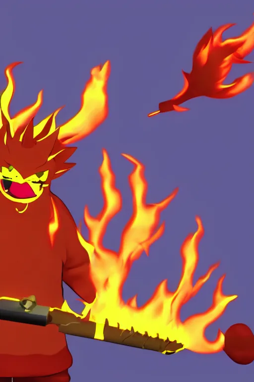 Image similar to 3 d render of guy fieri as a fire type pokemon, epic, detailed, stylized