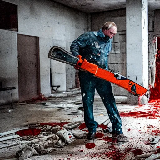 Image similar to putin with a chainsaw and a corpse. in a concrete bunker. focus on putins face with blood splatters. canon eos r 3, f / 1. 4, iso 1 6 0 0, 1 / 8 0 s, 8 k, raw, grainy