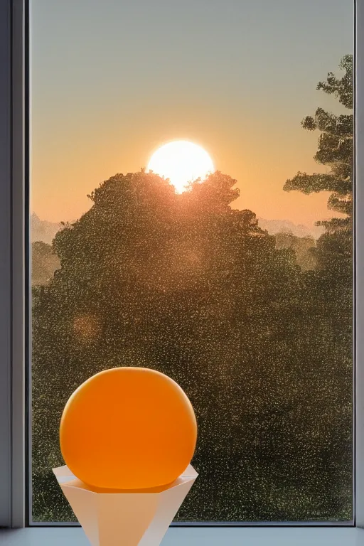 Image similar to a giant cubic orange and yellow crystal on a white table near a window at sunset, hyperrealistic, highly detailed, high qualit, 8K, godrays, warm lighting, path traced, high coherence, calm, macro photo, symmetrical, photorealistic, low contrast, serene landscape, beautiful, geometric, octane render