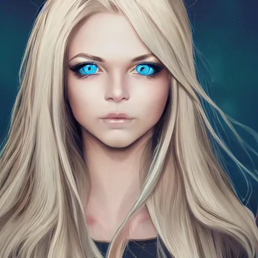 Prompt: portrait, 30 years old women :: fantasy :: blue eyes, long straight blonde hair, flower in hair :: attractive, symmetric face :: brown medieval cloting, natural materials :: high detail, digital art, RPG, concept art, illustration