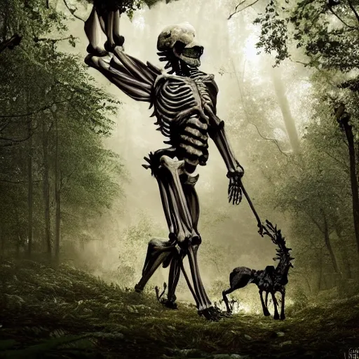 Prompt: a skeletal centaur in a magical forest, nekro style. Very detailed 8k