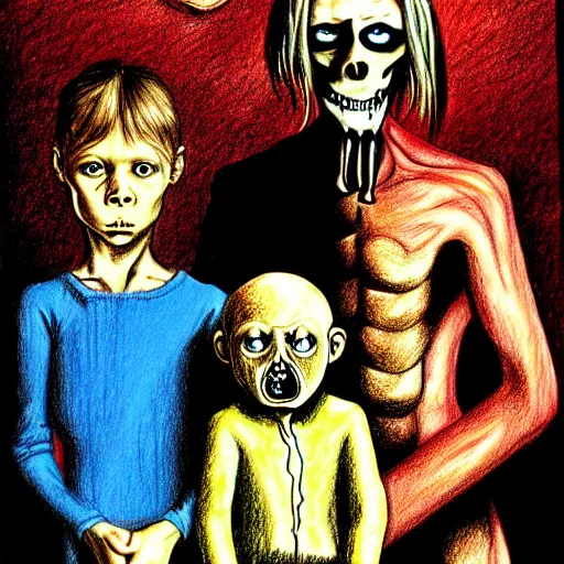 Image similar to psychopath child drawing of a creepy family. by richard corben