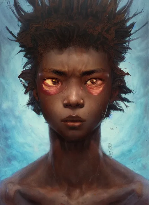 Image similar to prompt : portrait soft light painted by james jean and katsuhiro otomo and erik jones, inspired by akira anime, epic fantasy, a young long haired peasant boy with dark skin, brown skin, a dark complexation in plain fantasy clothing with intelligent eyes, intricate oil painting, high detail illustration, sharp high detail