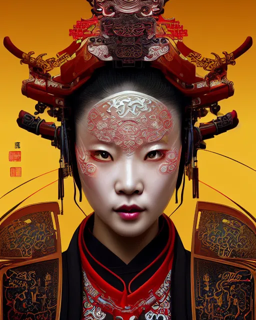 Image similar to portrait of a chinese cyberpunk machine, machine face, upper half portrait, decorated with chinese opera motifs, regal, asian, fine china, wuxia, traditional chinese art intricate intense elegant 京 剧 highly detailed digital painting artstation concept art smooth sharp focus illustration, art by artgerm and greg rutkowski alphonse mucha 8 k