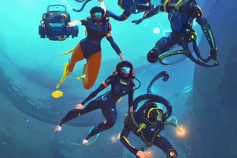 Prompt: afro - futurist scuba divers escaping an alien leviathan | hyperrealistic digital painting by makoto shinkai, ilya kuvshinov, lois van baarle, rossdraws | afrofuturism in the style of hearthstone and overwatch, trending on artstation