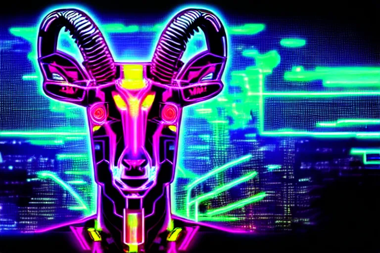 Image similar to complex cyberpunk machine background merged with evil cybernetic goat head in center focus, multicolored digital art