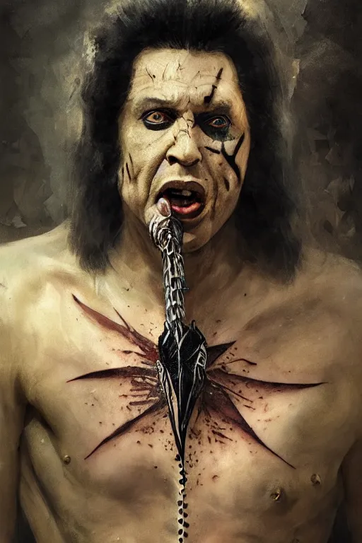 Image similar to gene simmons, sorcerer, lord of the rings, tattoo, decorated ornaments by carl spitzweg, ismail inceoglu, vdragan bibin, hans thoma, greg rutkowski, alexandros pyromallis, perfect face, fine details, realistic shaded