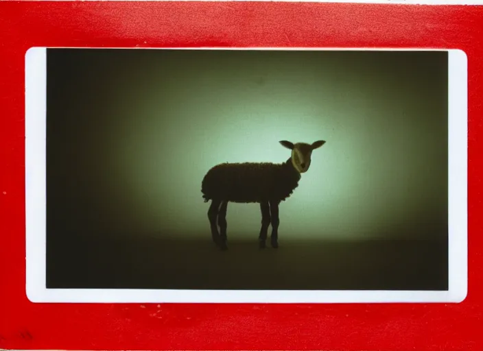 Prompt: medium shot, a lamb with red eyes, evil, horror, scary, night, polaroid photo, vintage, neutral colors, by gregory crewdson,