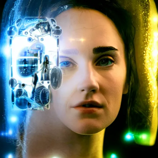 Image similar to beautiful centered Fine art photo portrait of enraptured young Jennifer Connelly as a solarpunk robotic humanoid, white mechanical parts with led lights, photorealistic, white background, highly detailed and intricate, sunset lighting, HDR 8k