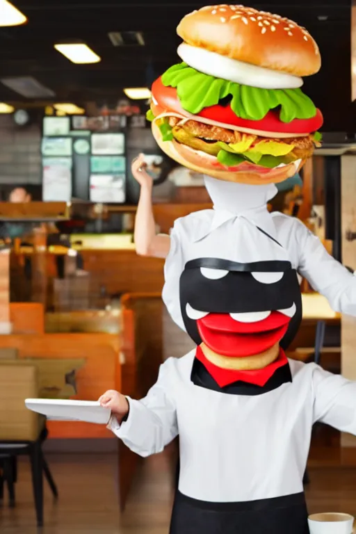 Image similar to an anthropomorphic hamburger working take out on a busy day