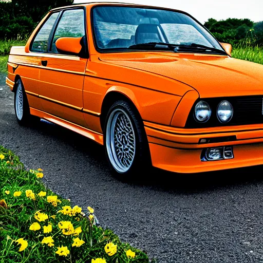 Image similar to photorealistic image of orange bmw e 3 0 m 3 in a field of flowers, picture taken from below