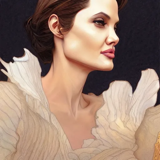 Prompt: Angelina Jolie, highly detailed, digital painting, artstation, concept art, smooth, sharp focus, illustration, ArtStation, art by artgerm and greg rutkowski and alphonse mucha and J. C. Leyendecker and Edmund Blair Leighton and Katsuhiro Otomo and Geof Darrow and Phil hale and Ashley wood and Ilya repin and Charlie Bowater