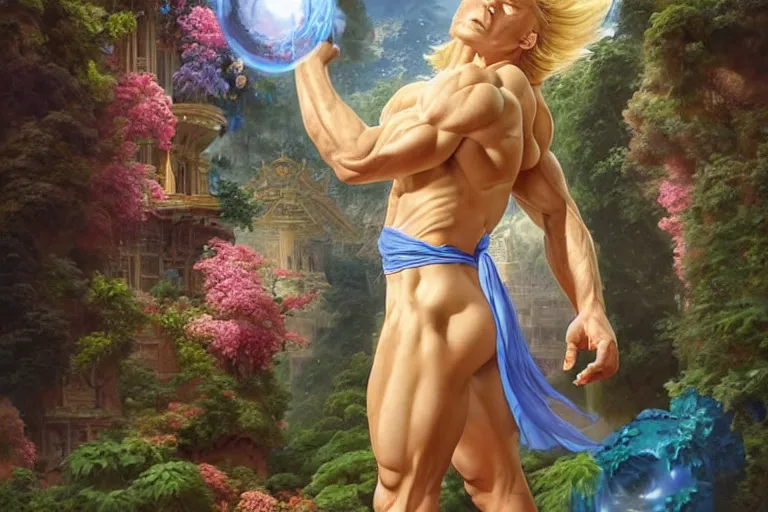 Prompt: beautiful blonde fabio gardener angel, herculean lean muscular body, wearing a toga, beautiful colourful hanging gardens with colourful flowers, gigantic blue orb hovering over a temple in the background, sharp focus highly detailed face, acrylic masterpiece art by tsuyoshi nagano, greg rutkowski, artgerm, peter mohrbacher