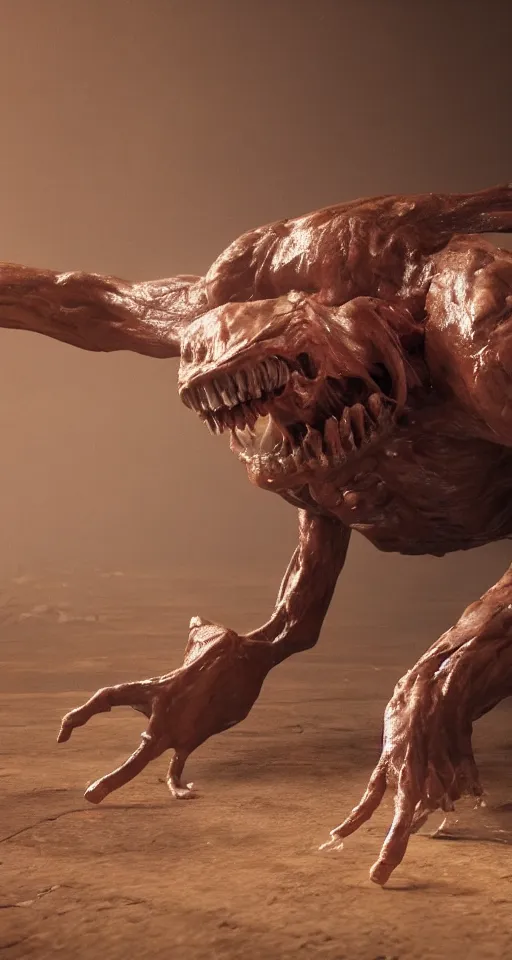 Image similar to still from a horror movie of grotesque alien lunging towards the camera, highly detailed, horror movie scene, unreal engine, octane render, natural light outside