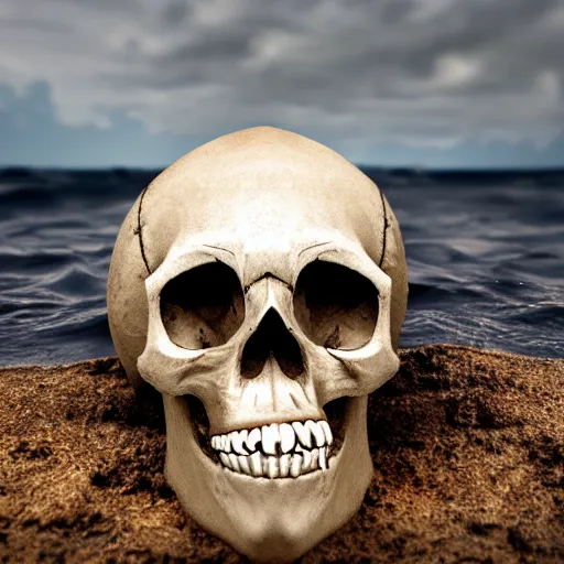 Image similar to skull of a pirate with tentacles protruding out at the bottom of the ocean