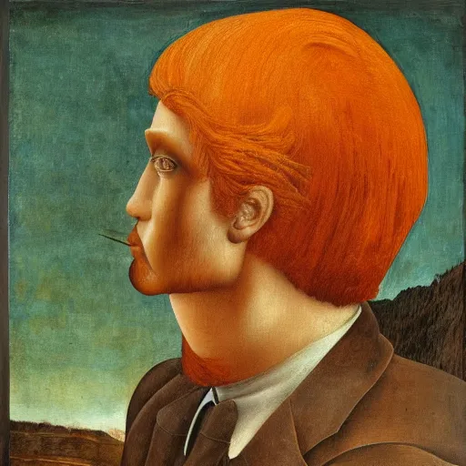 Image similar to a painting of a man with orange hair, a surrealist painting by andrea mantegna, featured on behance, renaissance, da vinci, pre - raphaelite, surrealist