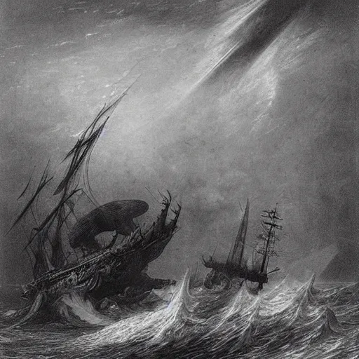 Image similar to giant sea dragon attacking a ship, by gustave dore