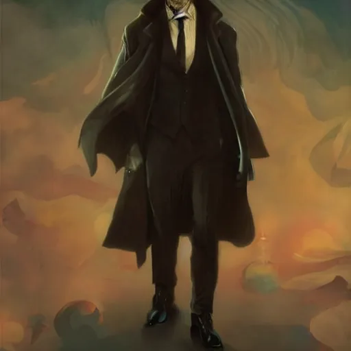 Prompt: portrait of mysterious handsome noir spacetime detective by Dante Gabriel Rossetti and Edward Moran and Charlie Bowater, magical realism, cgsociety, artstation