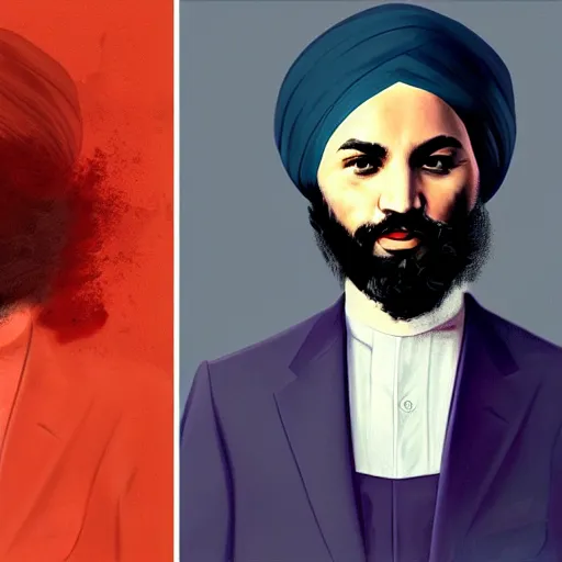 Image similar to Justin Trudeau with Jagmeet Singh in the american gothic painting, concept art, sharp focus, highly detailed digital painting by Gustave Corbet, artstation