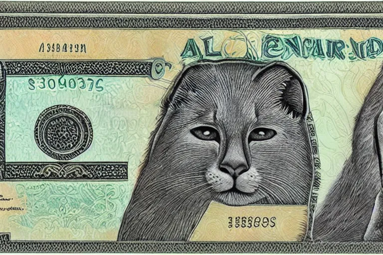 Prompt: one dollar banknote with cute caracal face on it, intaglio style, photo realistic, ultra detailed