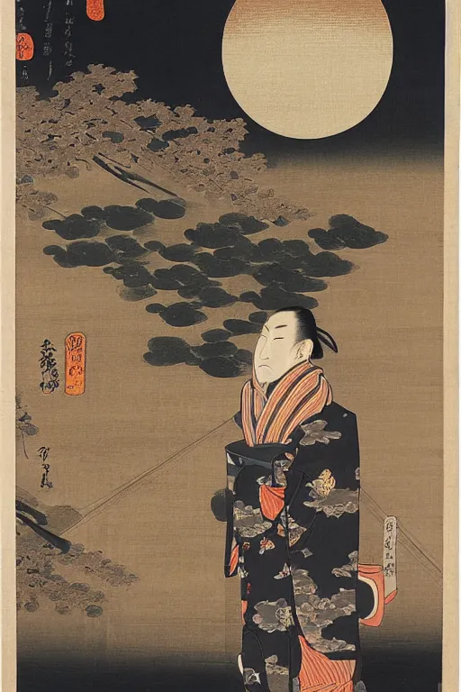 Image similar to a man gazing into the moon seeing far into the future, edo period, traditional japanese art style, reflection