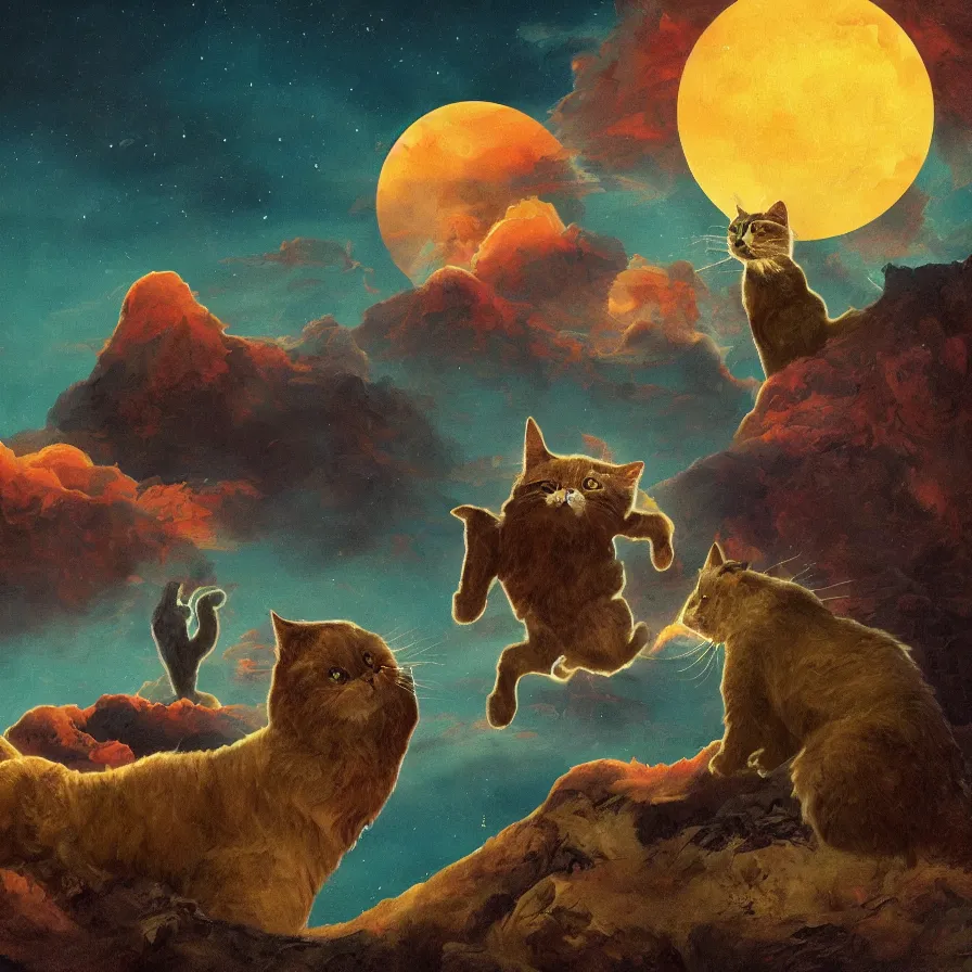 Prompt: a surreal landscape of a frightened giant cat chased by ghosts in a vast desert lit by two scary moons, deeply texural, saturated color scheme