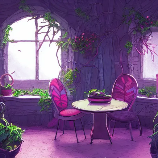 Image similar to concept art painting of a interior of a cozy alien fantasy cottage, with black vines and magenta houseplants, round windows, realistic, detailed, cel shaded, dark, in the style of makoto shinkai and greg rutkowski and james gurney