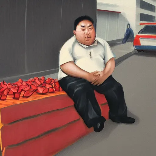 Image similar to near the street, a pockmarked Chinese fat guy,sitting behind a watermelon stall , with a cigarette in his mouth, looked at you contemptuously,digital art,trending on artstation.