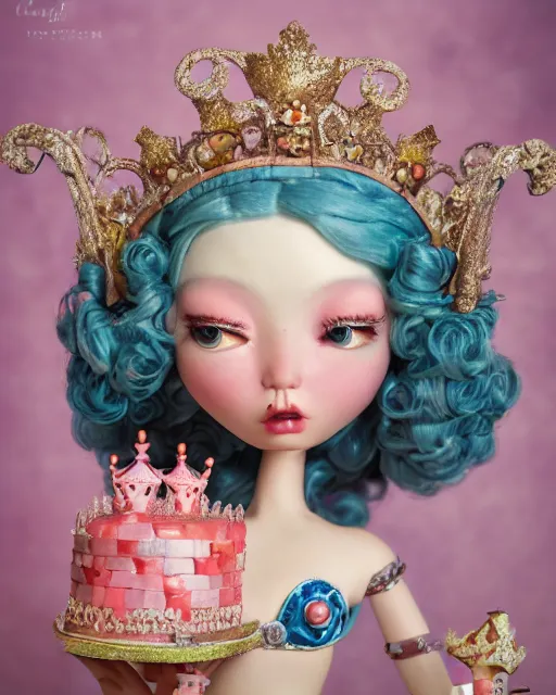 Image similar to closeup face profile portrait of a tin toy fairytale princess wearing a crown eating cakes, bikini, depth of field, zeiss lens, fashion photoshoot by nicoletta ceccoli, mark ryden, lostfish, breathtaking, detailed and intricate environment, 8 k resolution, extremely detailed, beautiful, establishing shot, artistic, hyperrealistic, octane render