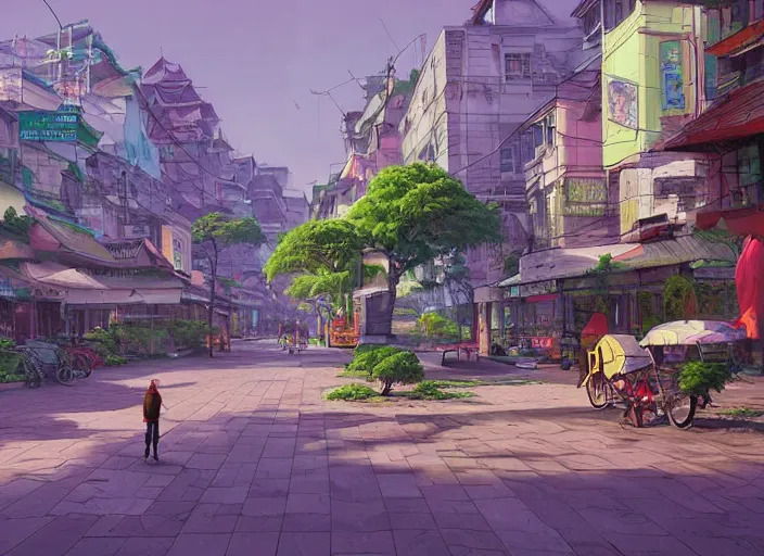 Prompt: bangkok townsquare, without human, empty street, summer morning, very coherent and colorful high contrast, art by gediminas pranckevicius, geof darrow, makoto shinkai, dark shadows, hard lighting